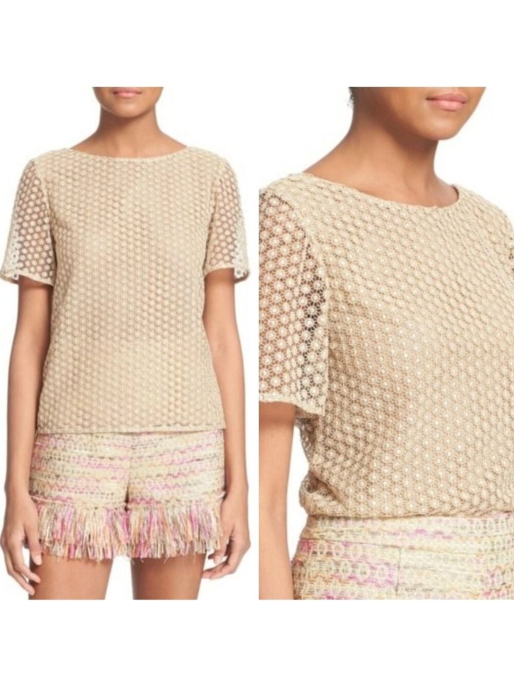 Diane von Furstenberg DVF Brylee Guipure Lace Gold Metallic Blouse Top M